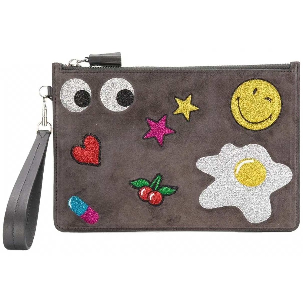 Anya Hindmarch Zip Top Pouch Glitter All Over Stickers Suede Leather Clutch